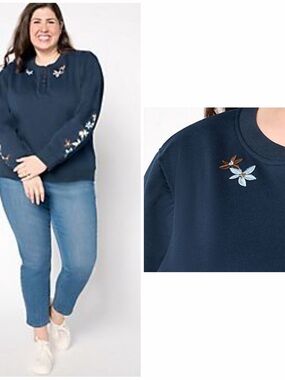 Driftwood French Terry Henley Sweatshirt Navy Blue Floral Embroidered Sz 1X NWT